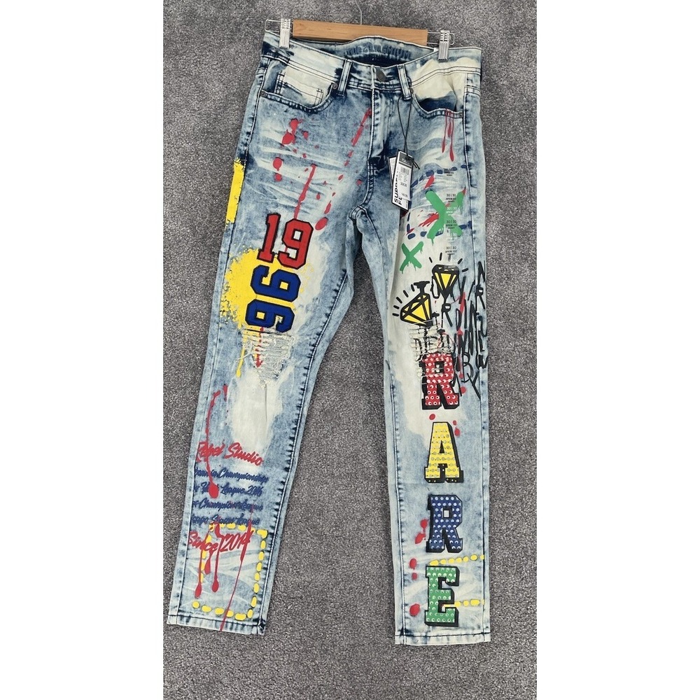Rue21 Men's 30x30 Supreme Flex Skinny Jeans Graffiti Rhinestone Distressed NWT